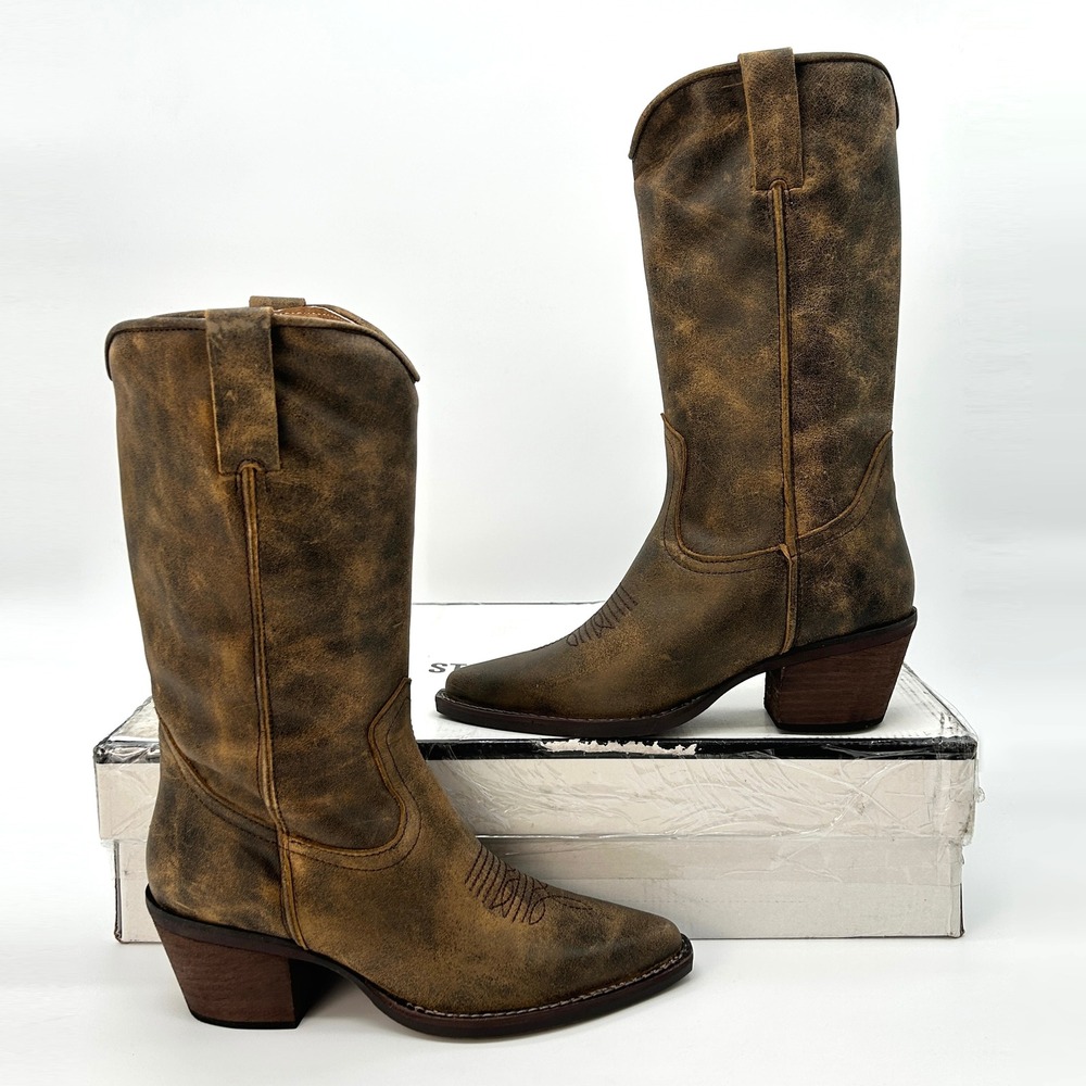 Womens Cowboy Boots Steve Madden Albany Sz. 7 Brown Leather Western Distress NEW